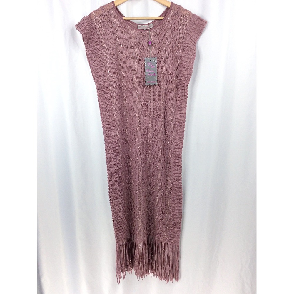 NWT Pretty Angel Caftan Sweater Dress One Size Mauve Cable Knit Fringe